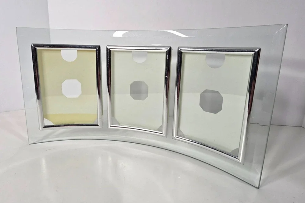 Curved Glass Triple Picture Frame 3.5x5 Silver Beveled 3 Photo Tabletop